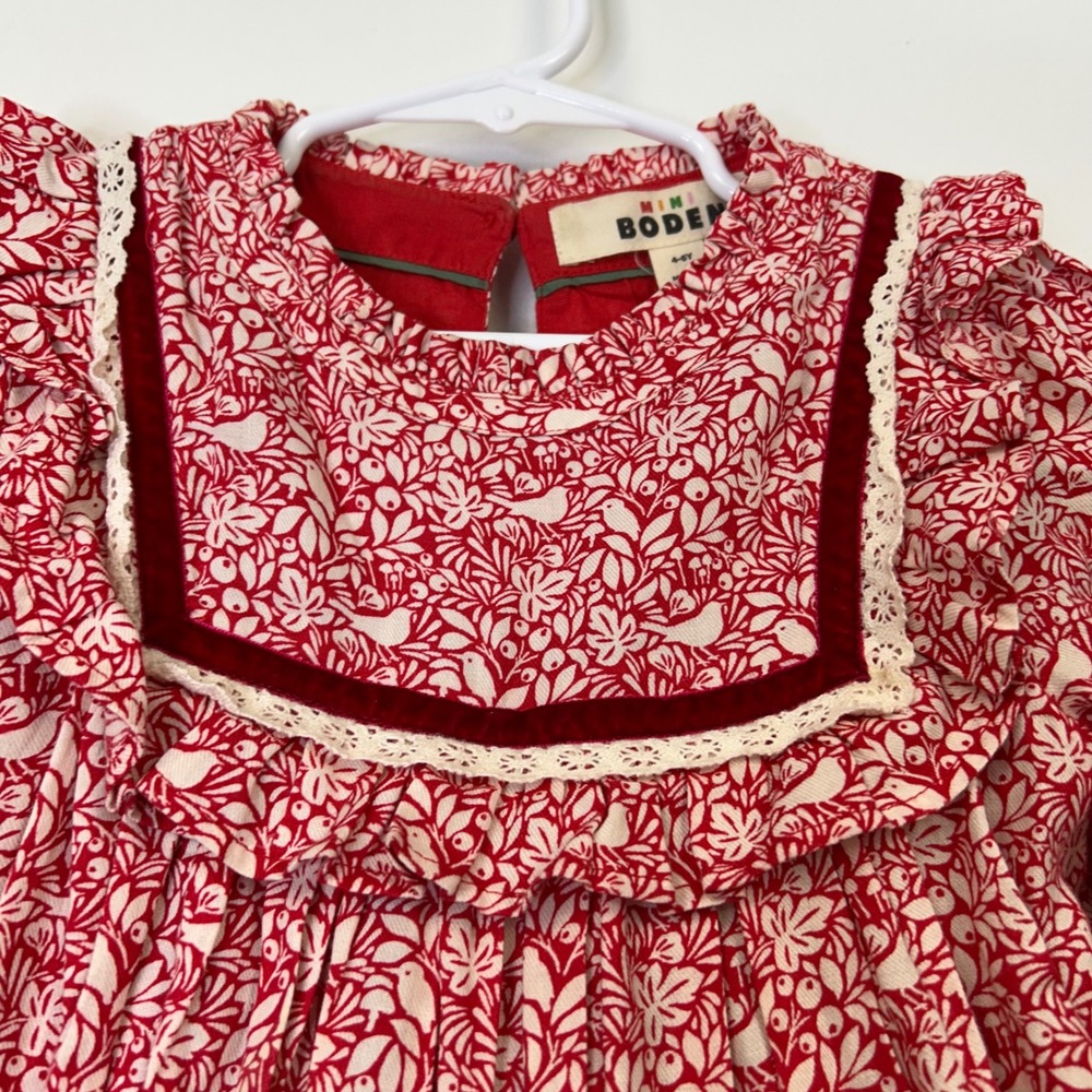 Mini Boden Girls Red Floral Prairie Dress‎ Size 4 5 Kids Ruffle Cottage - Picture 3 of 8